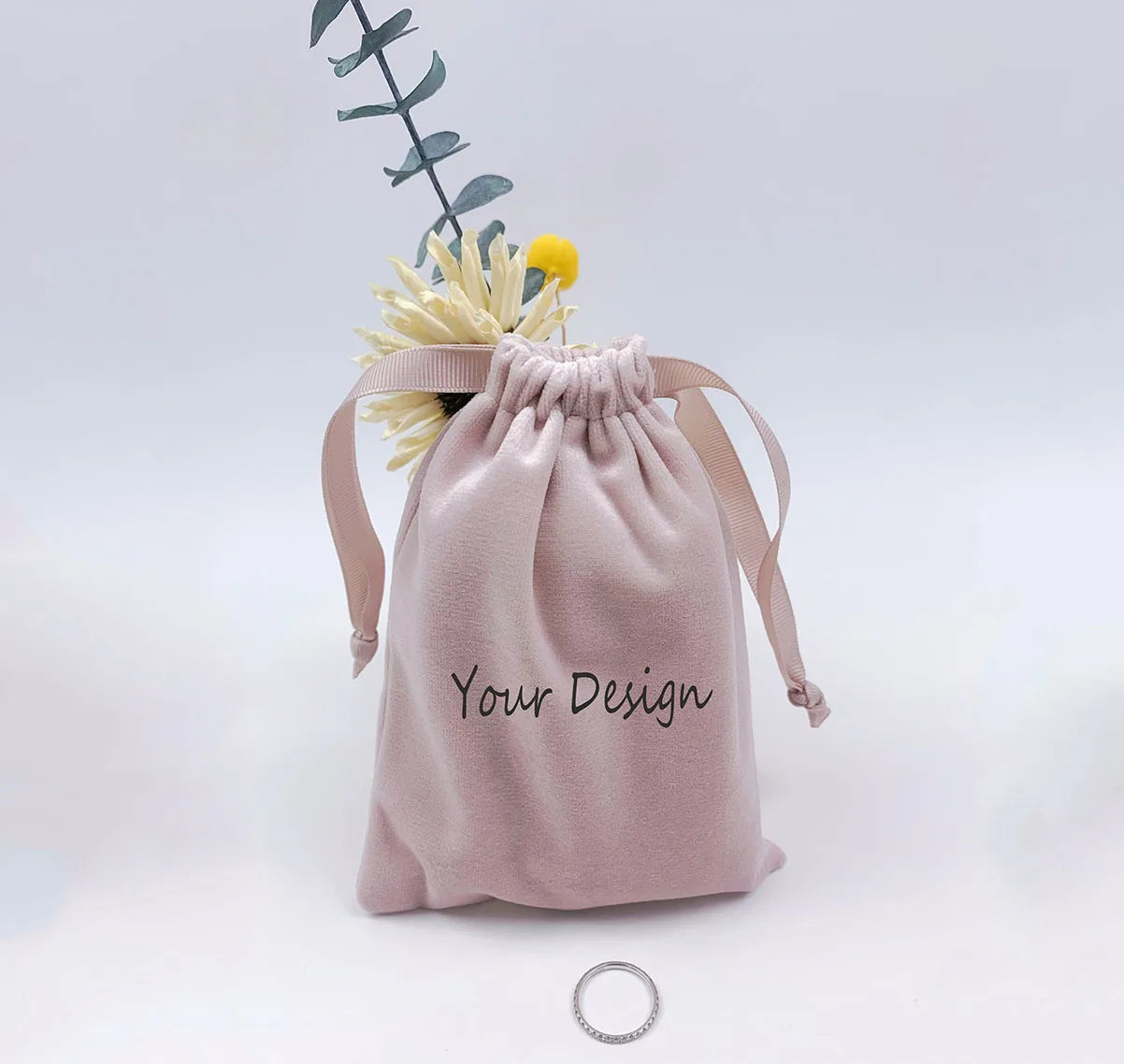 Custom Drawstring Pink Velvet Bags Personalized Logo Print Product Package Jewelry Necklace Gift Bag