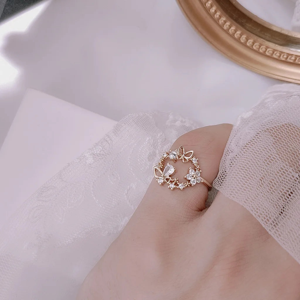 New Fashion Crystal Zircon Rings Sweet Flower Adjustable Open Rings for Women