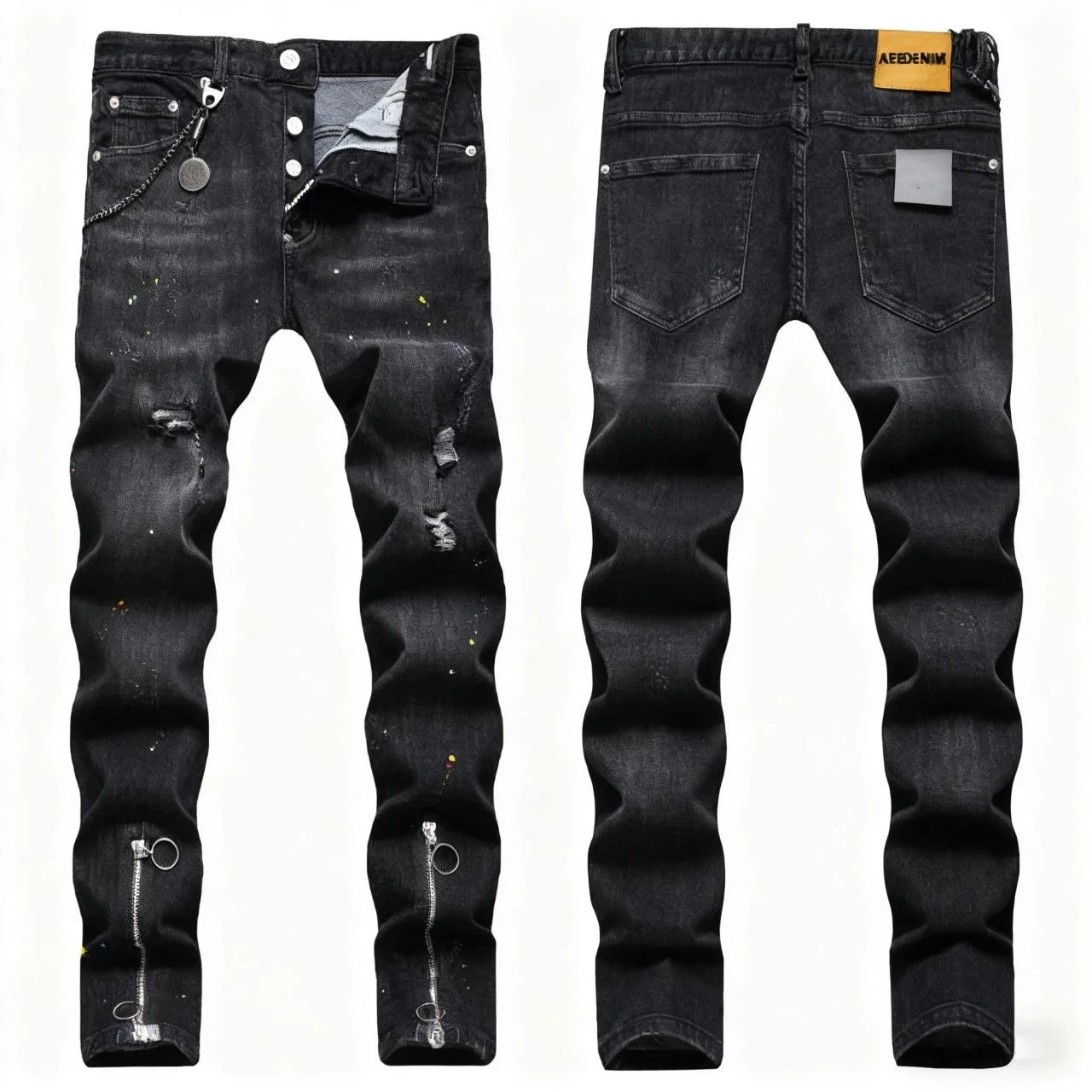 AeeDenim Italian Black Straight Mid Waist Eco-Friendly Trousers Double Pull Head Zipper Dot Paint Pendant Elastic Men's Jeans