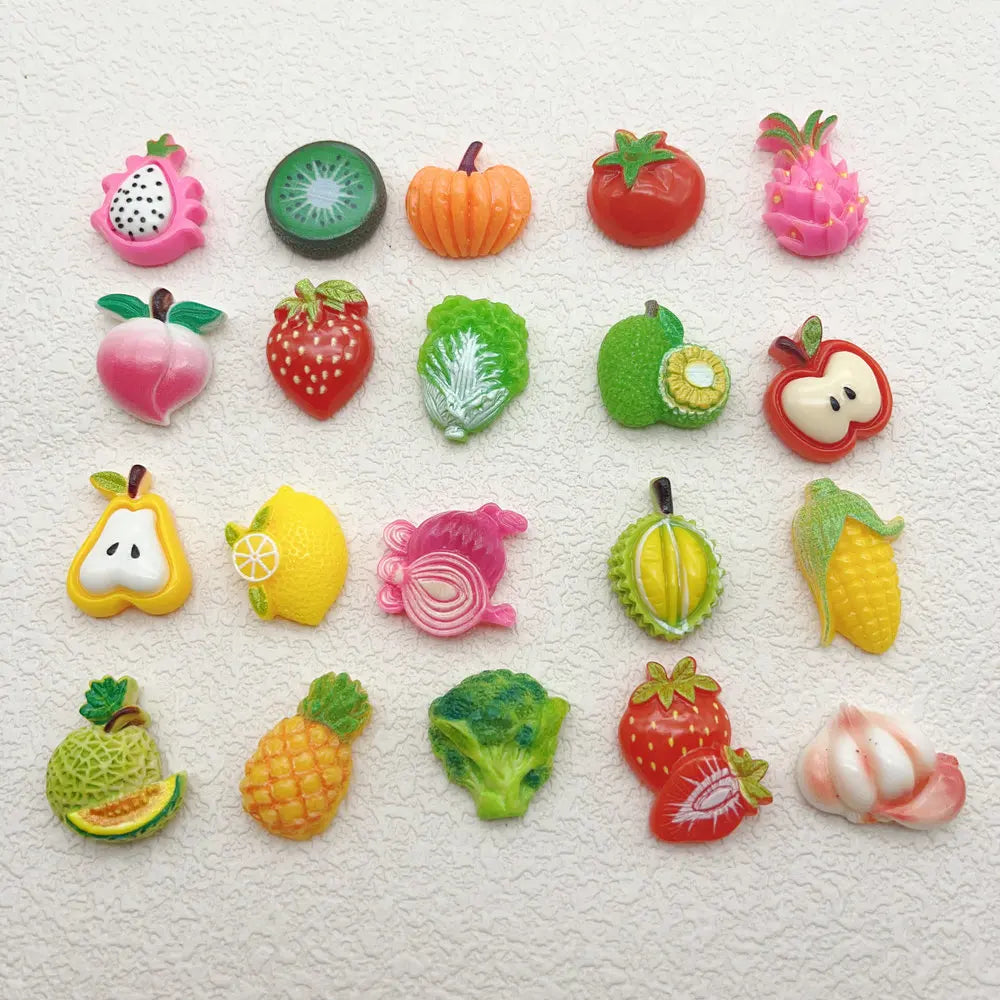 Wholesale 16mm Cute Multi-Fruit Vegetable Flat Back Resin Cabochons for DIY Hair Jewelry Fridge Decor Includes Banana Strawberry