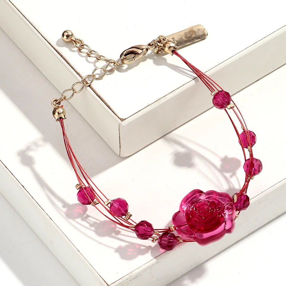 Elegant 2025 Women's Fashion Jewelry Romantic Pink Rose Acrylic Flower Beads  Multi-layer Bracelet Gift