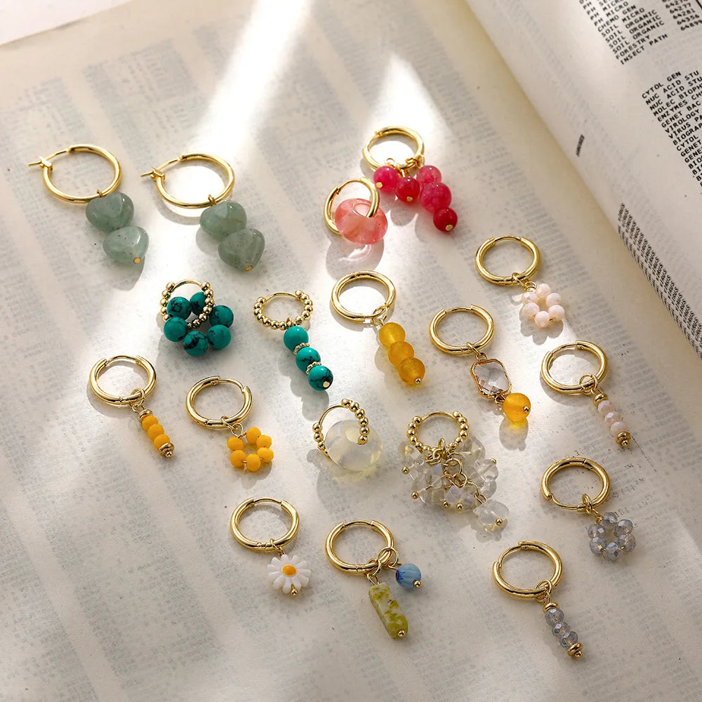 SC 2022 Fashion Hot Selling Natural Stone Earrings  Bohemian Beads Hoop Earrings Irregular Asymmetric Gold Hoop Earrings