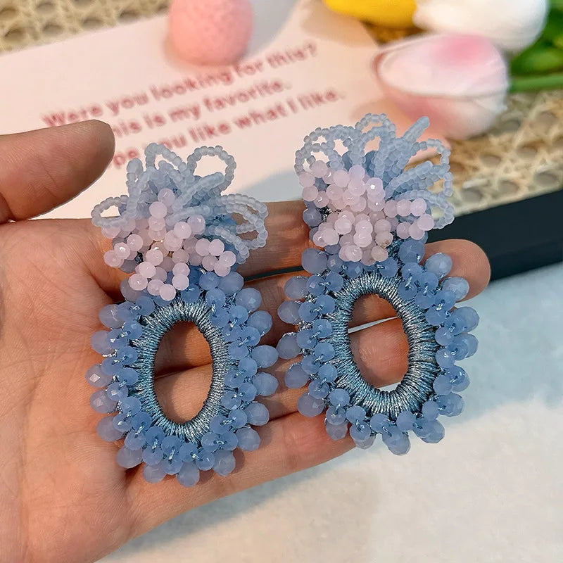 Personalized Hand Woven Flower Pendant Crystal Earrings Vintage Beaded Women's Jewelry