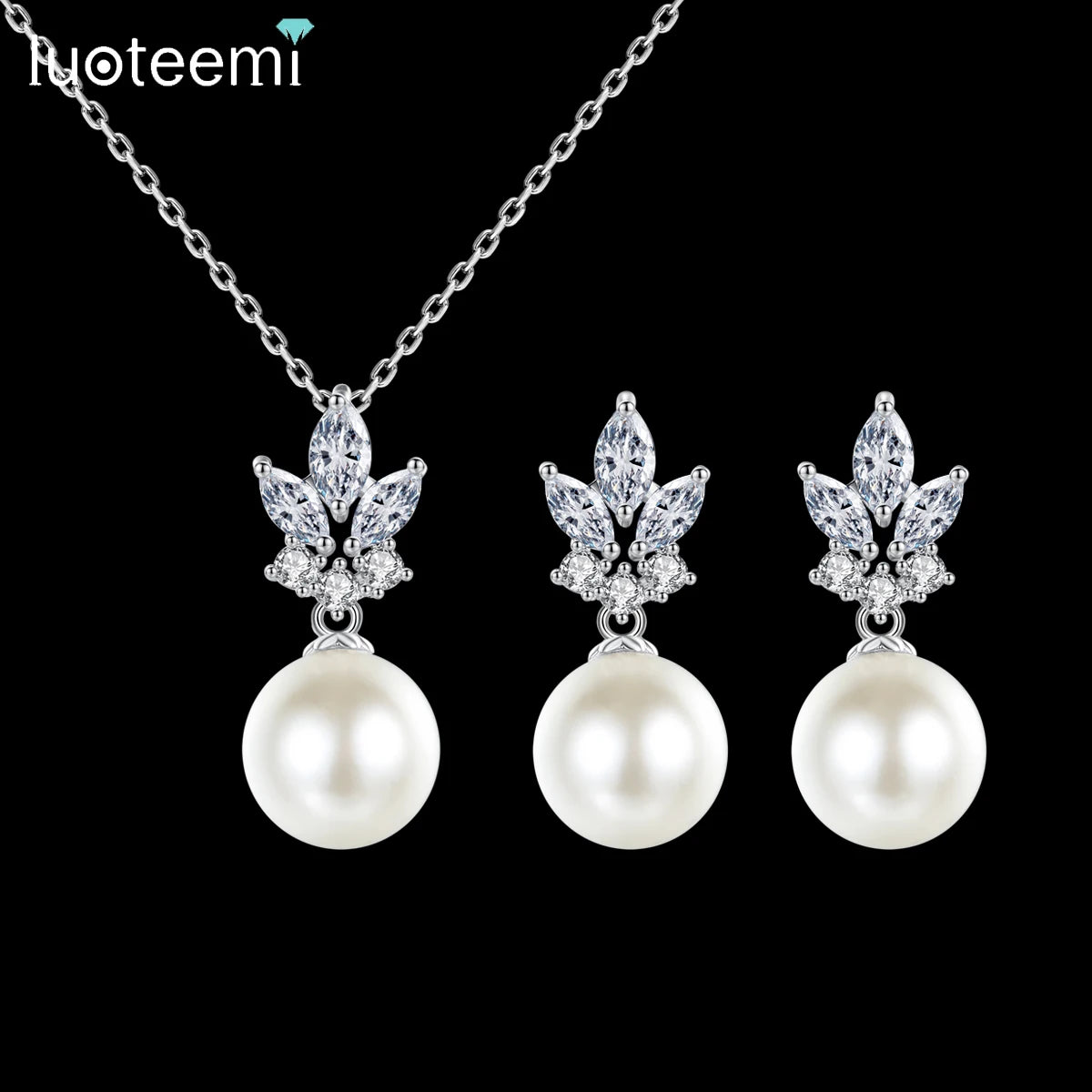 LUOTEEMI Erring Woman Fashion Earring Necklace Flower Hot Sale Earing Zircon Designer Pearl Jewelry Set