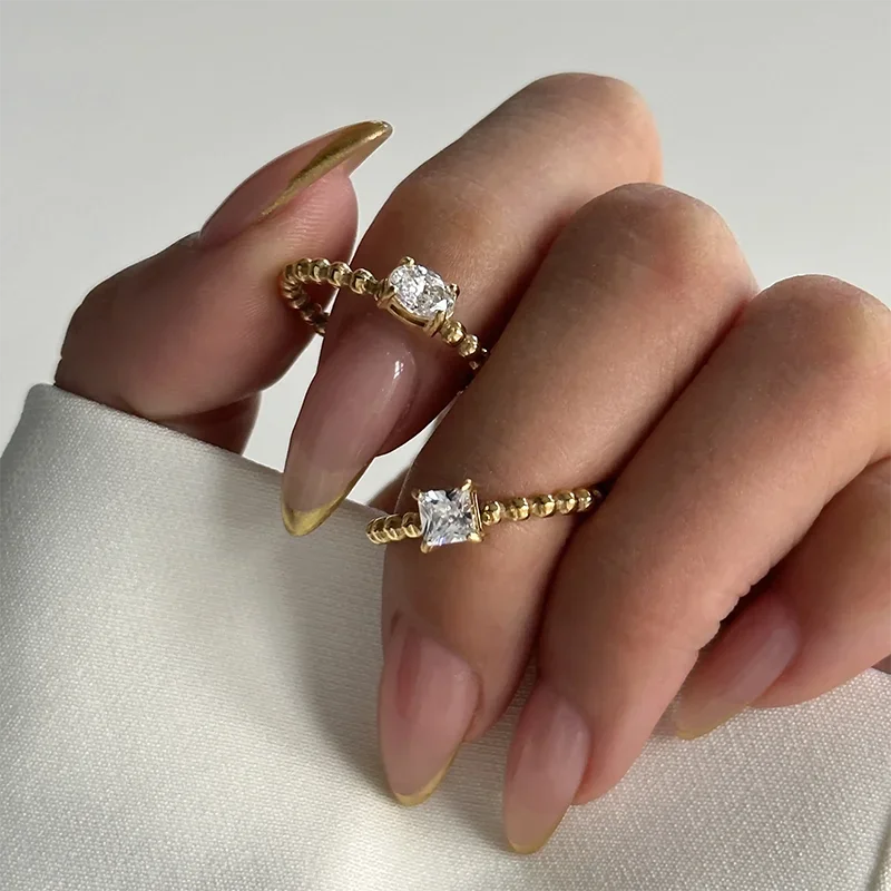 Minimalist Dainty Fashion Jewelry Waterproof Anti-tarnish Oval square Cz Stone Beaded Rings Stainless Steel Rings for Women