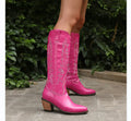 SHIKOL Hot Pink Embroidery Knee High Boots for Women Shoes Botas Trend 2025 Fashion Thick Heels for Ladies Western Cowboy Boots