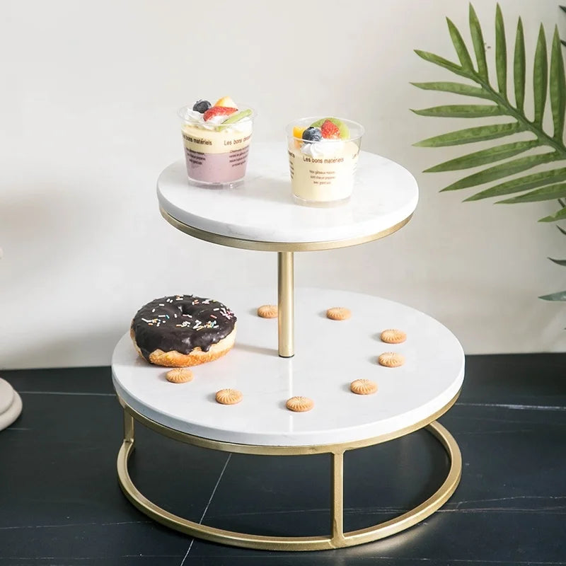 Gold Silver Metal Rotating Marble Stoneware Floating Ceramic Slate Wedding Arch Cake Stand Display 2 Layer Marble Top Cake Tray