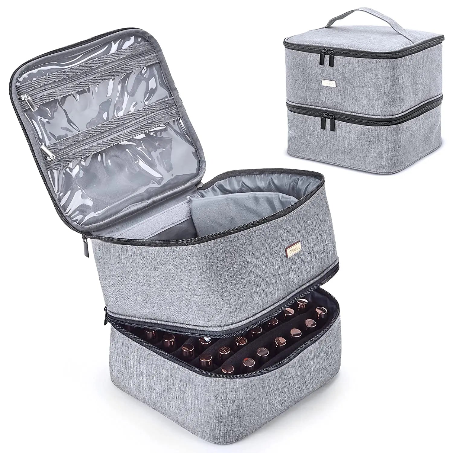 Double Layer Foldable Square Grey Oxford Cloth Nail Polish Organizer Storage Case Holds 42 Bottles