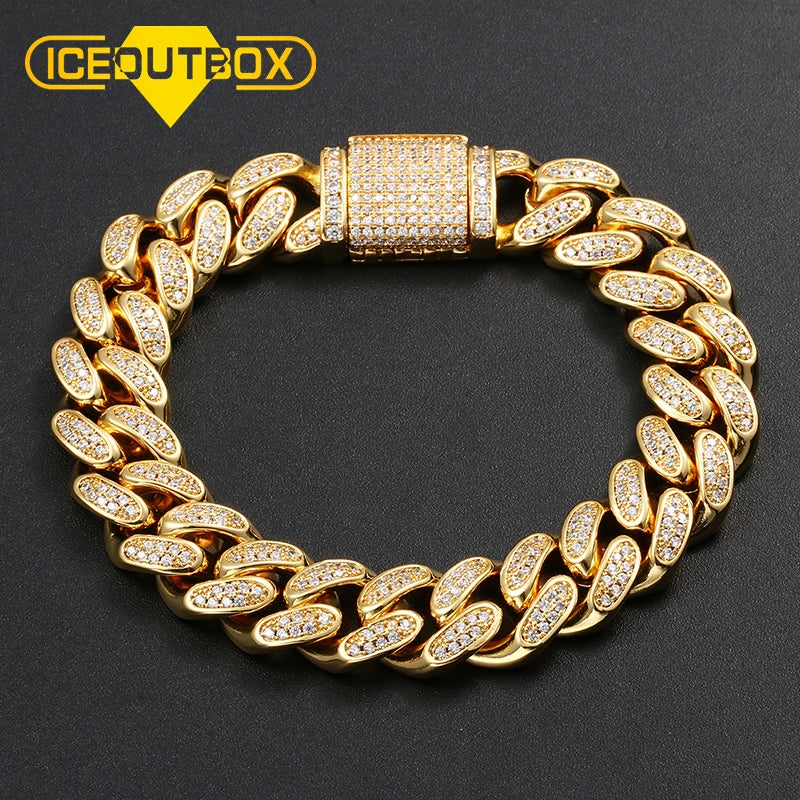 Fashion 12mm Iced Out Cuban Link Bracelet 18K Gold Plated Brass Prong Setting AAAAA CZ Diamond Hiphop Jewelry for Men MegaBDM