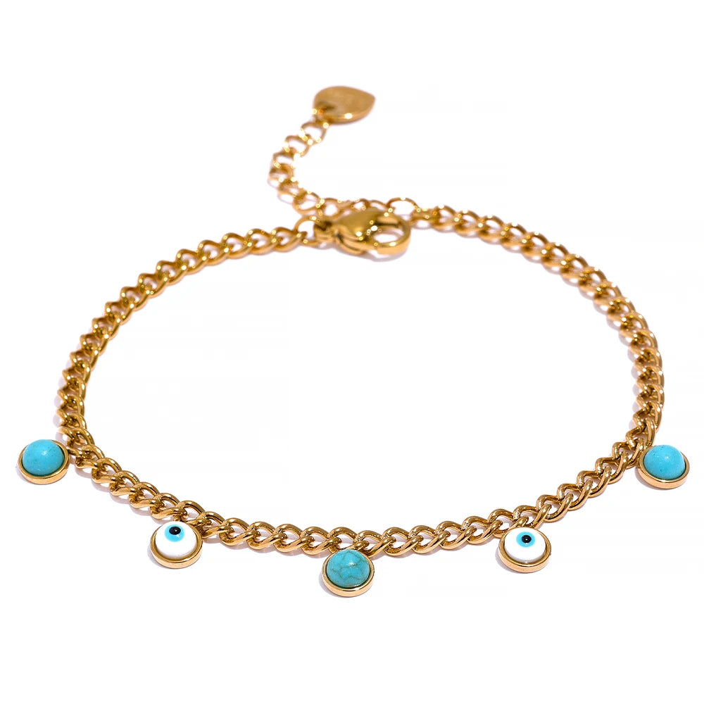 JINYOU 1450 Fashion Trendy Turquoise Stone Resin Gold Charm Statement Stainless Steel Eye Bracelet Bangle