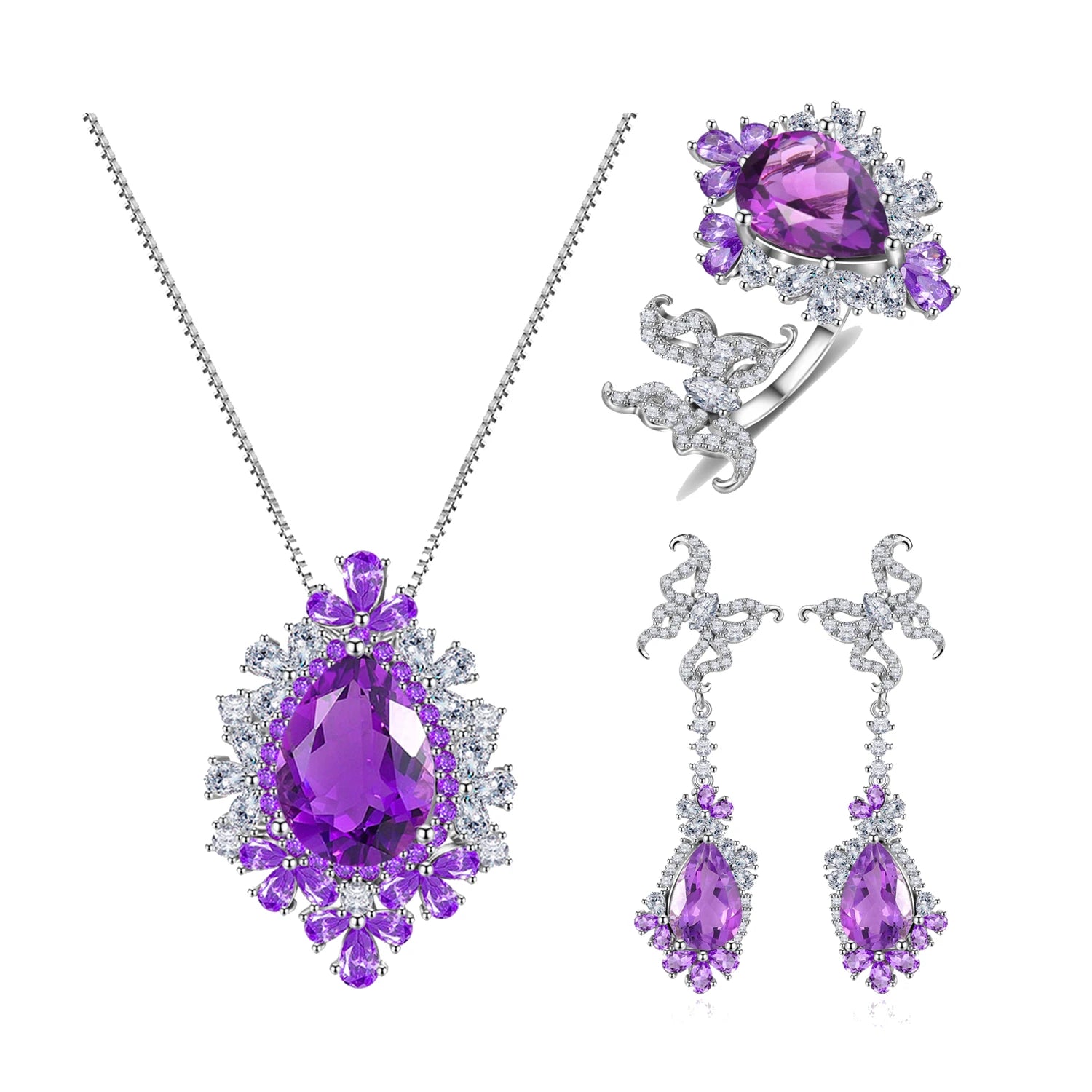 C9386 Luxury Large Stone Butterfly Designs 925 Sterling Silver Rings Necklace and Earring Jewelry Set for Women