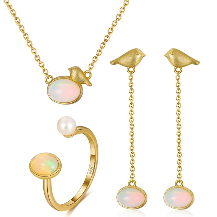 RINNTIN Fine Jewelry Opal Gemstone Necklace Jewelry Set GM Handmade 925 Silver Little Birds Design with 100% Genuine Natural