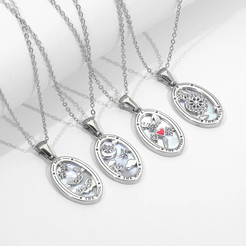 JUSNOVA Stainless Steel Link Chain Necklace Rounded Rectangular Pendant with Silver Plating Czech Stones Trendy Jewelry Design