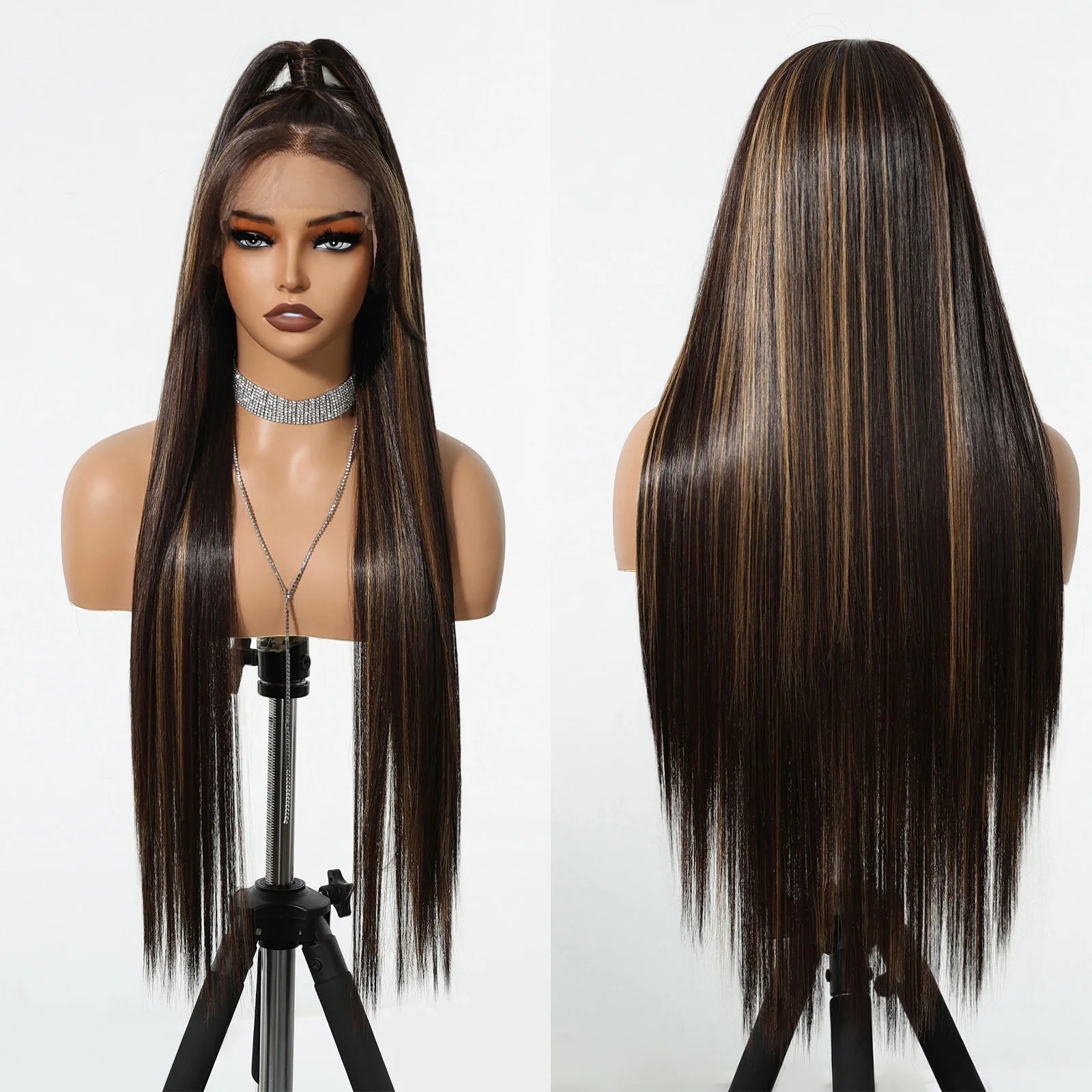 In Stock 13*6 Lace Wig Future Fiber Dark Brown Blonde Striped High Quality Natural Smooth Straight Durable Soft