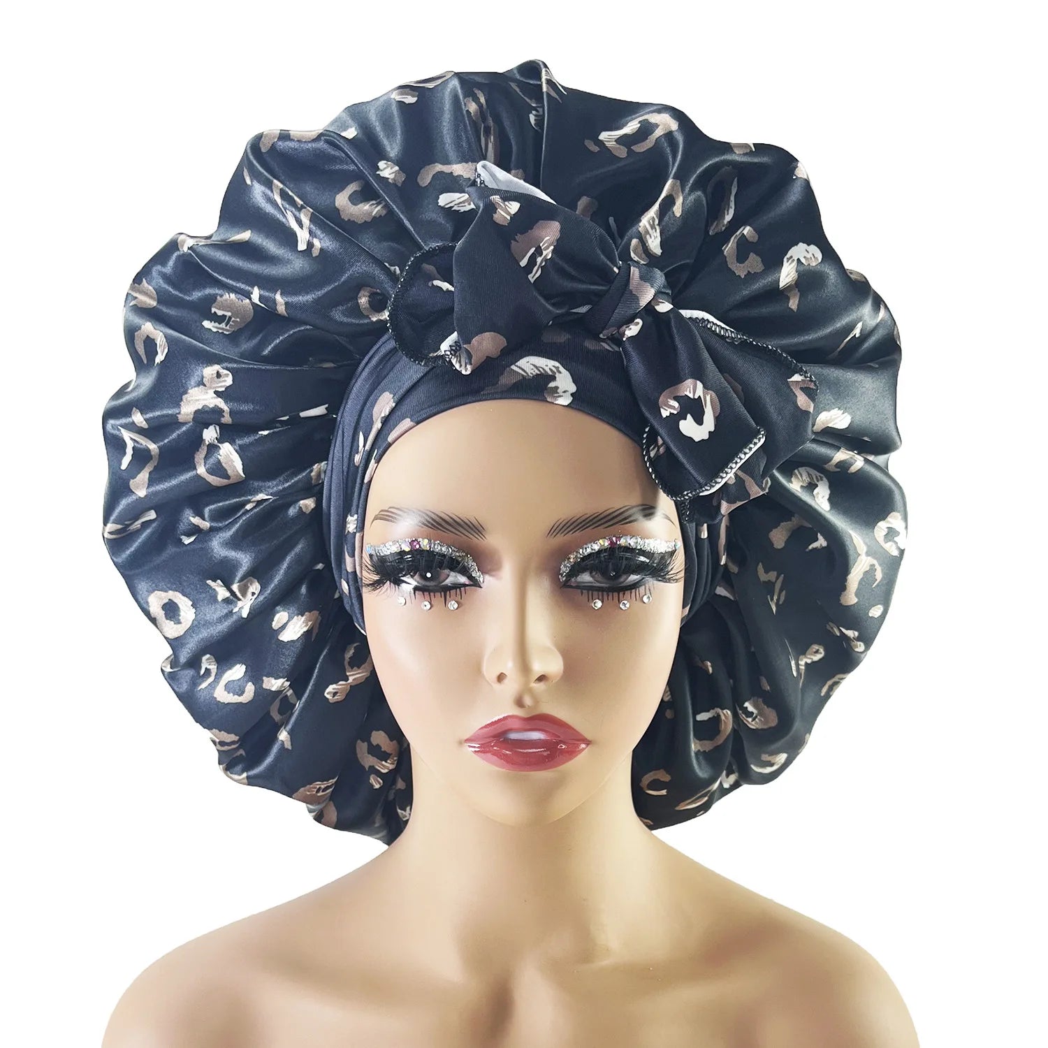 HZM-23294 Leopard Satin Night Sleeping Bonnet With Head Tie Band Bonnet Edge Wrap for Women Curly Braid Hair