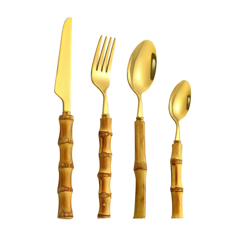 Gold Spoon Fork Set Silverware Flatware Wholesale Real Bamboo Handle Cutlery Set Stainless Steel