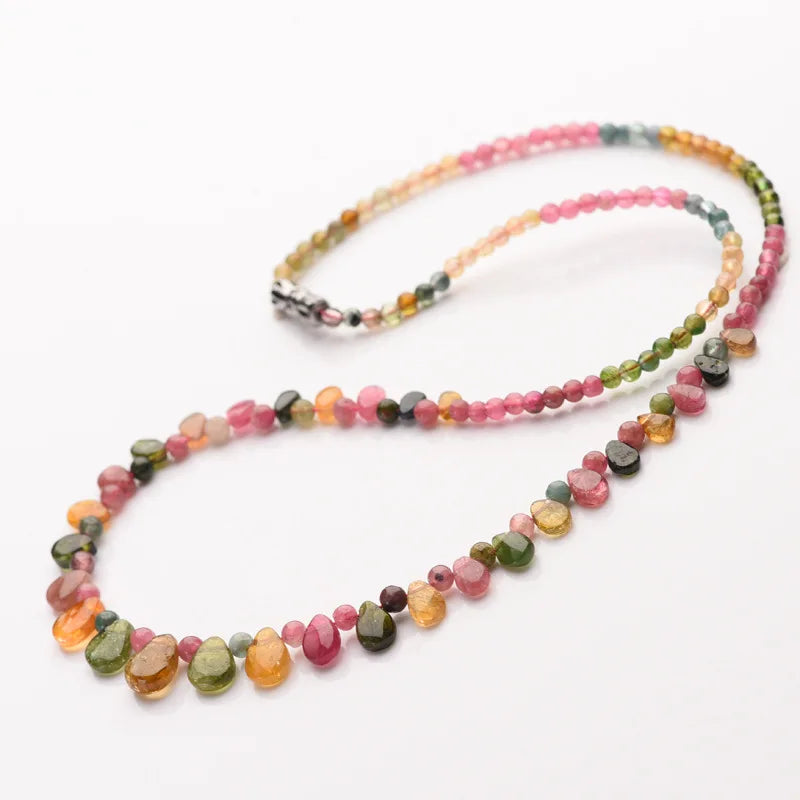 Natural Rainbow Tourmaline Necklace Teardrop Tourmaline Beads Necklace Healing Stone Tourmaline Gemstone Choker Necklace