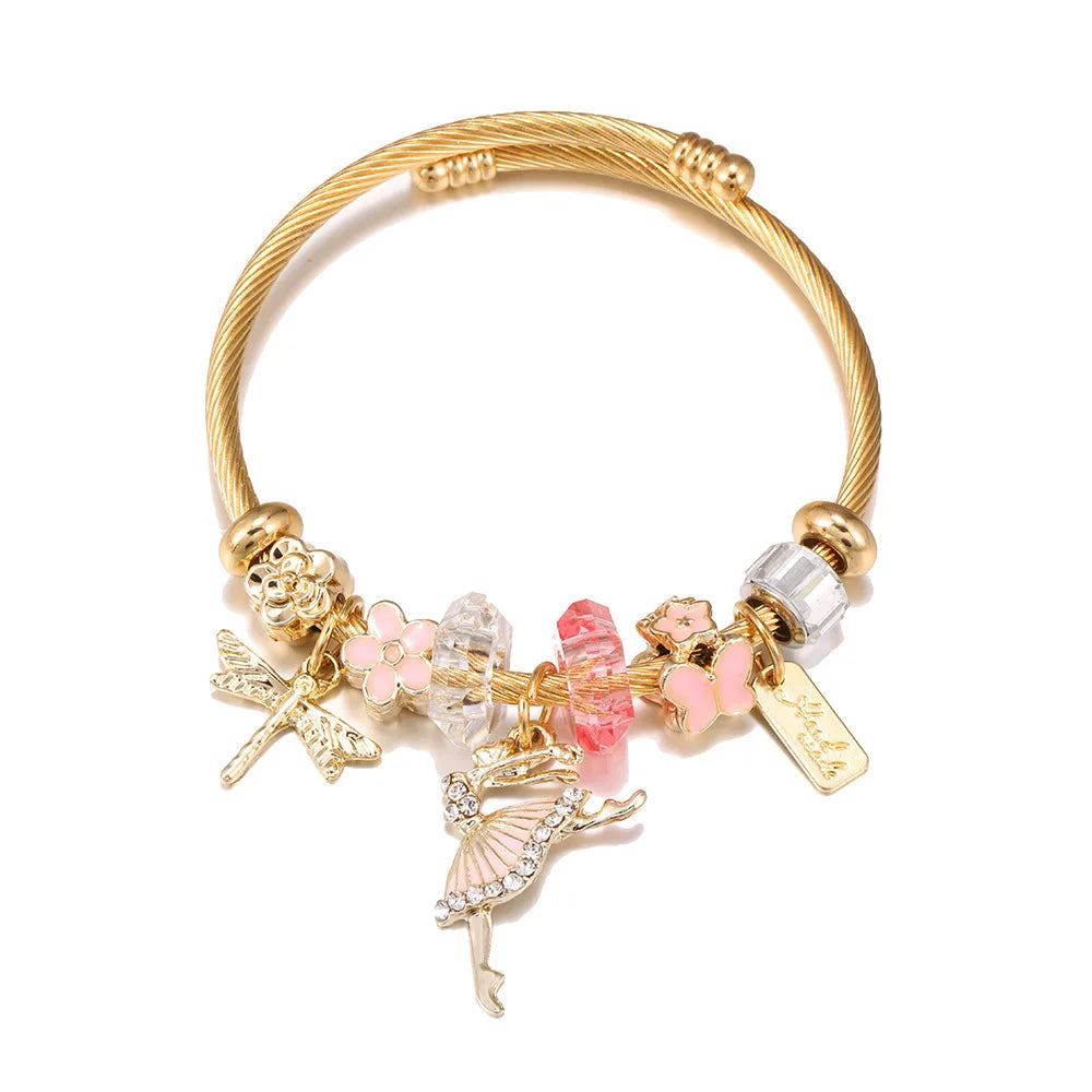 European Fashion Stainless Steel Cable Bracelet DIY Alloy Crystal Dancing Girls Charm Beads Gift for Women and Girls