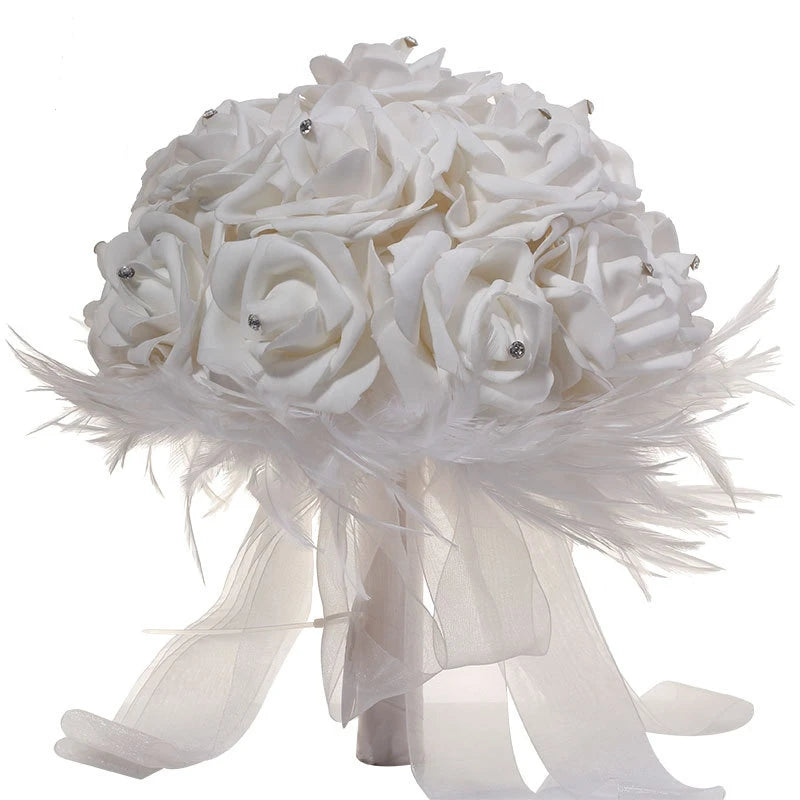 YOPIN-1643 Brides Wedding Hand Flower Bride Feather Diamond Holding Flowers Bouquet