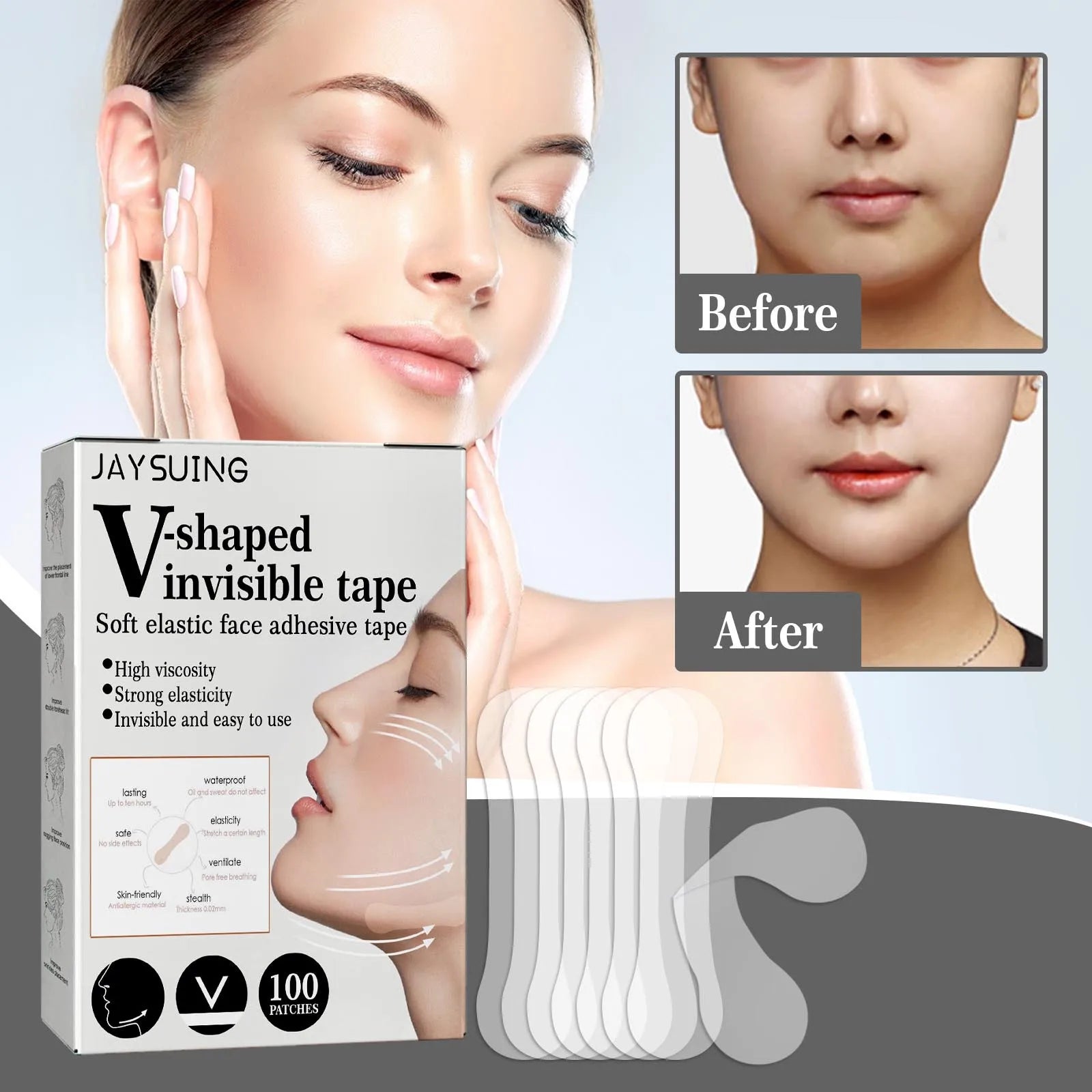 Popular Jaysuing V-Shaped Invisible Lifting Face Tape Skin-Friendly Waterproof Anti Wrinkle Firming Face Patch