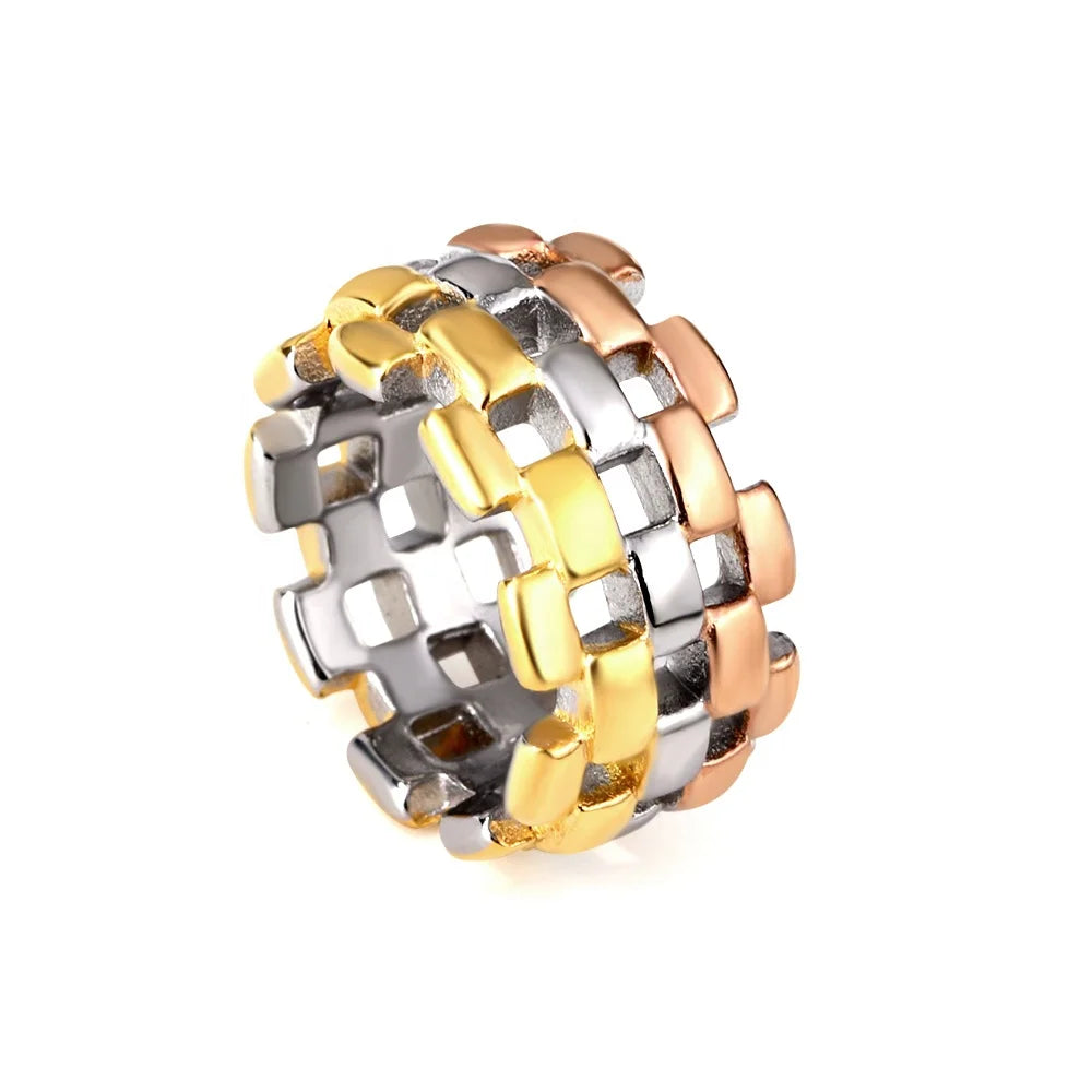 Factory Customized Wholesale Stainless Steel Ring Three Color Band Hollow Chain Ring for Men's Fashion Jewelry