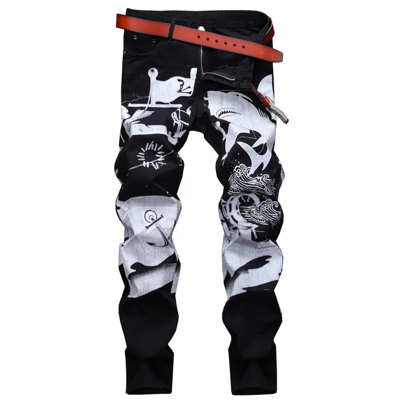 Hotsale Custom logo Trendy New High-end Printed Slim-fit Pencil Pants High Street Mid Rise Washed Chinese Pattern Casual Denim