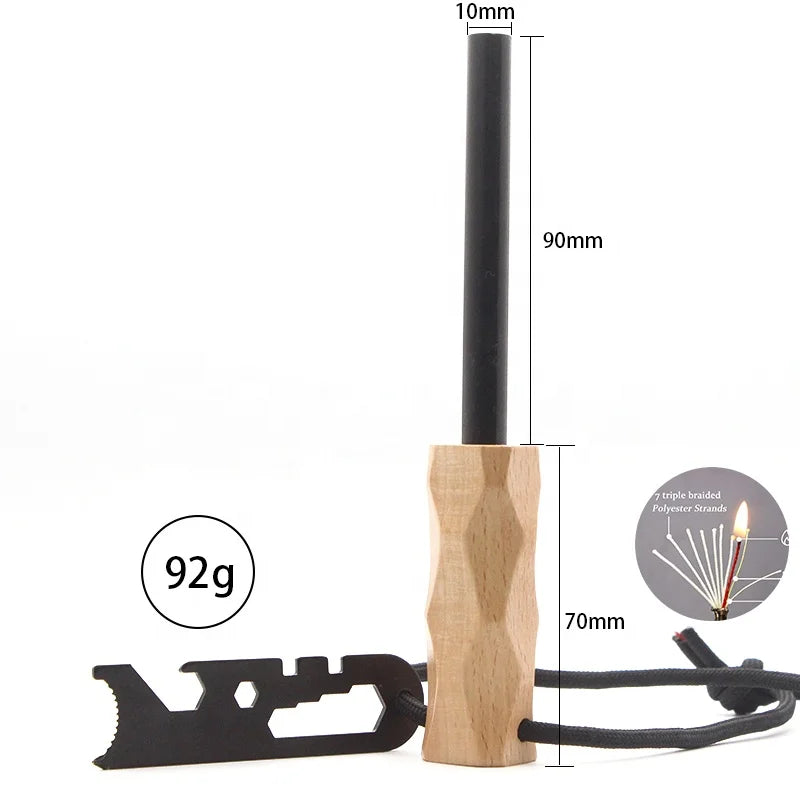 Bushcraft Emergency Survival Paracord Ferro Rod Striker Wooden Handle Fire Starter