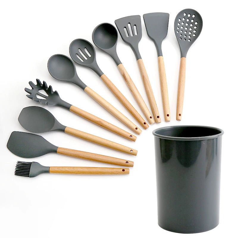 Hot Sales10 Piece Cooking Kitchen Set Silicone Utensils with Wood Handles Turner Tongs Spatula Spoon