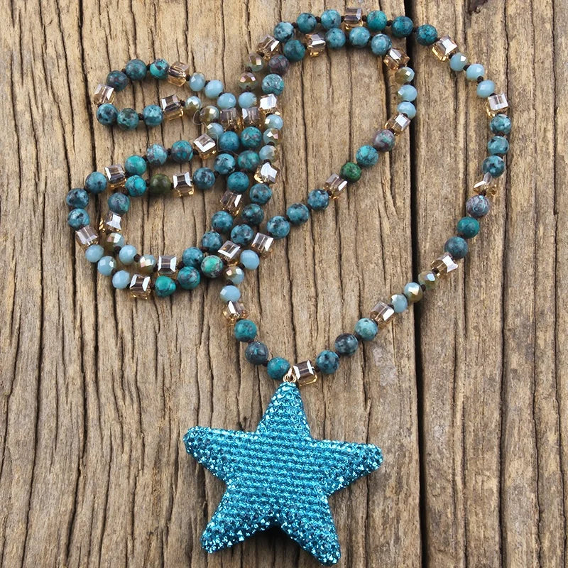 Fashion Beautiful Women Jewelry 6mm Natural Stone Crystal Glass Necklace Rhinestone Clay Star Pendant Necklace