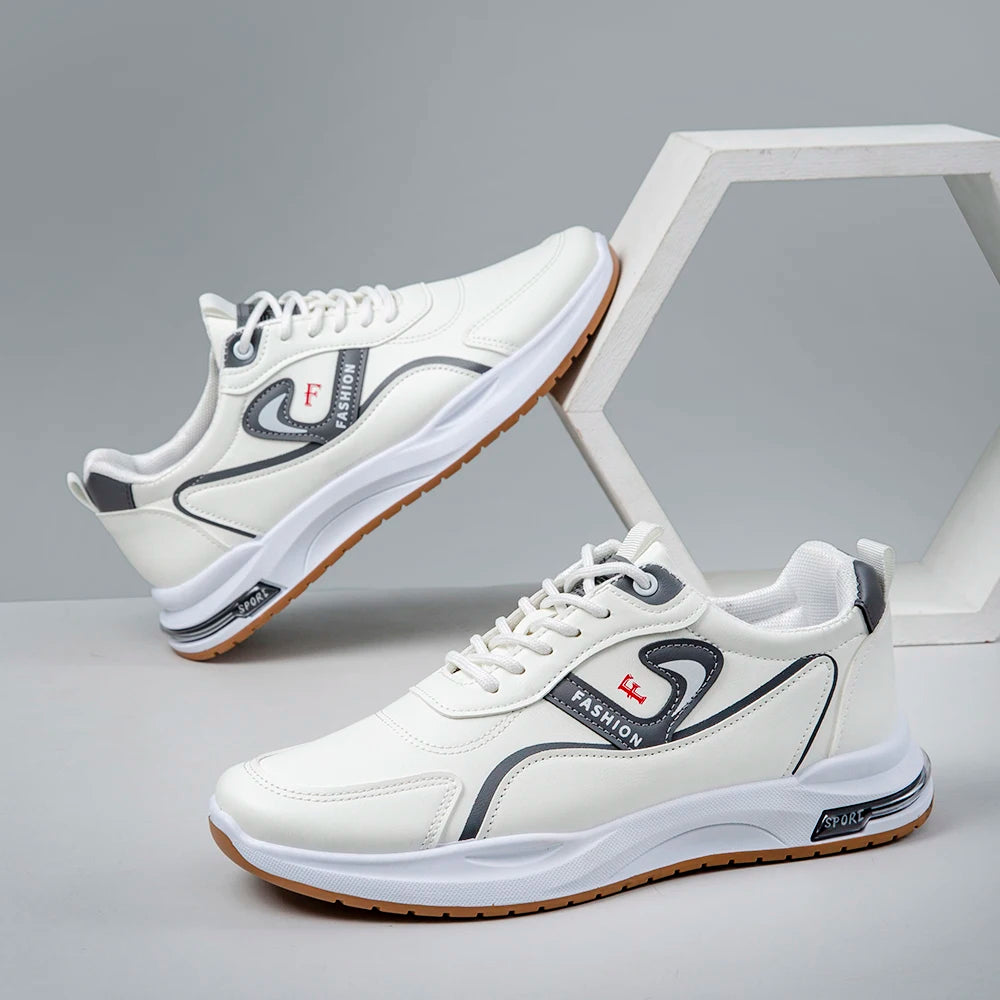 Factory Wholesale PU Leather Men's Sports Shoes Casual Walking Sneakers White Black Breathable Lace-Up Closure for Autumn Season