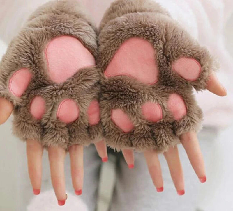 Women Girls Lovely Fluffy Bear Cat Plush Paw Claw Half Finger Gloves Mitten Winter Warm Fingerless Gloves MegaBDM