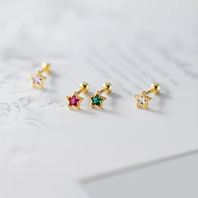 Wholesale 925 Sterling Silver Star Spiral Beads Stud Earrings Gold Women's Wedding Accessories Piercing Ear Bone Colorful Zircon