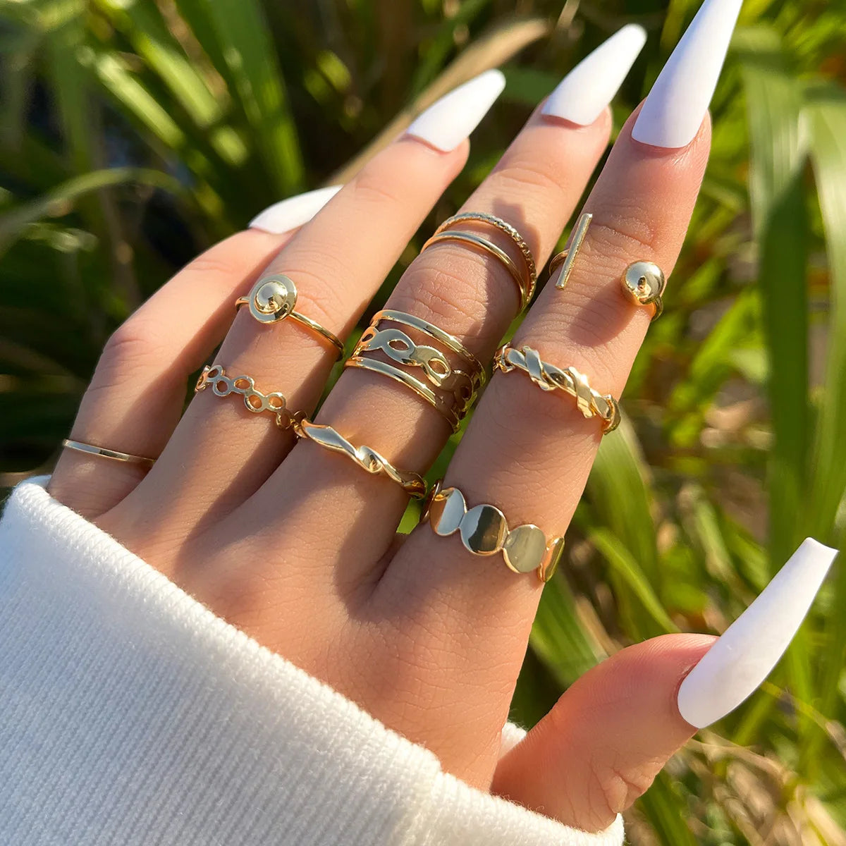 9Pcs/Set Vintage Rings Open Wave Adjustable Minimalist Ring Set Luxury Gold Plated Rings for Women