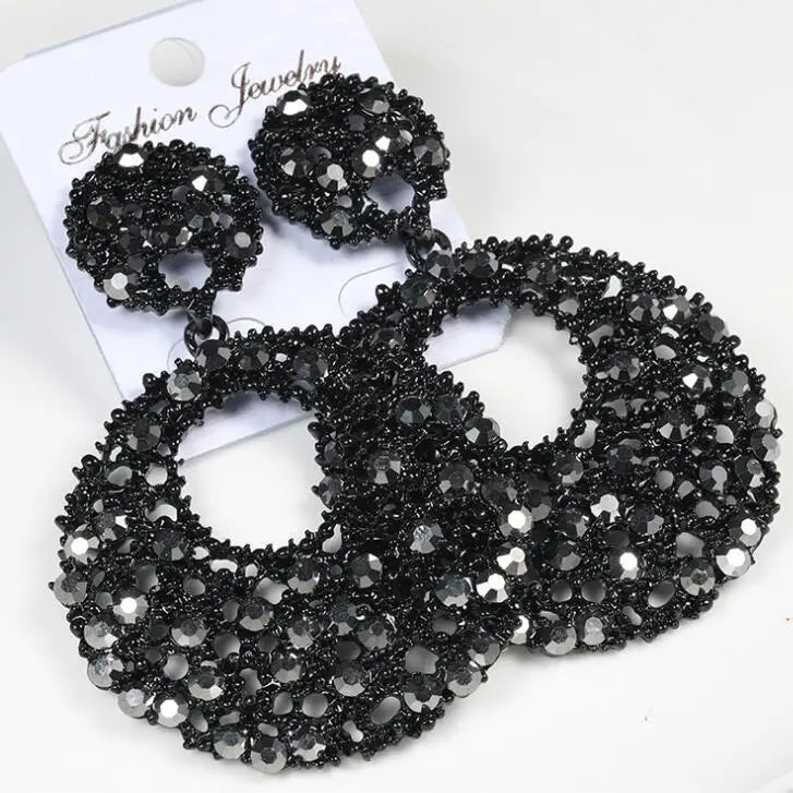 Luxury Fashion Temperament Female Full Diamond Black Long European Earrings Retro Round Geometric Black Rhinestone Big Earrings