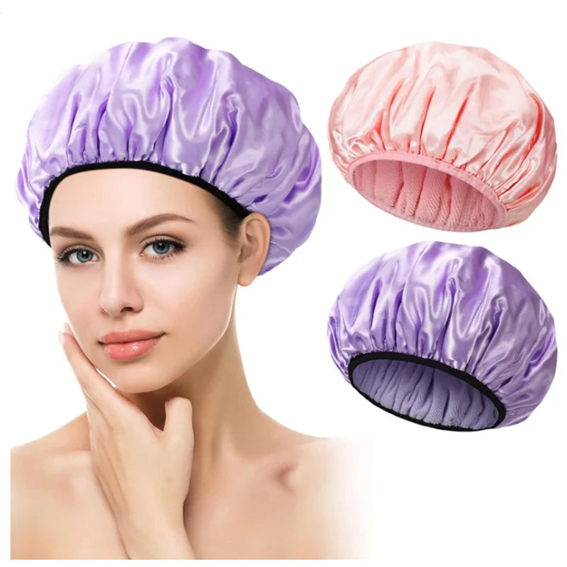 Factory Price Shower Caps Custom Logo Dry Hair Hats Elastic Double Layer Satin Hair Bonnets