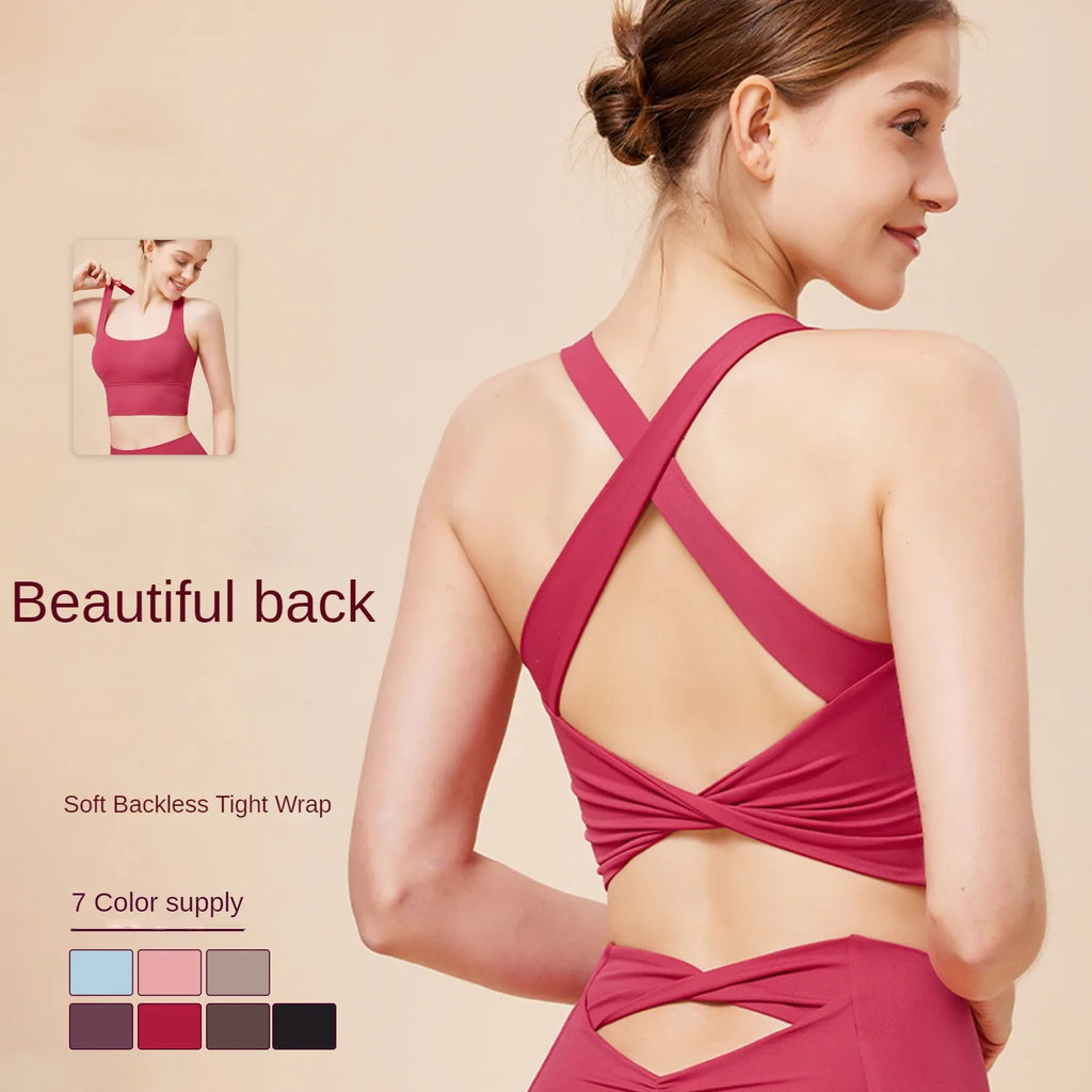 SHINBENE Lightweight Breathable Mid Support Cross Yoga Running Fitness Top Back Twist Padded Longline Quick Dry Four Way Stretch