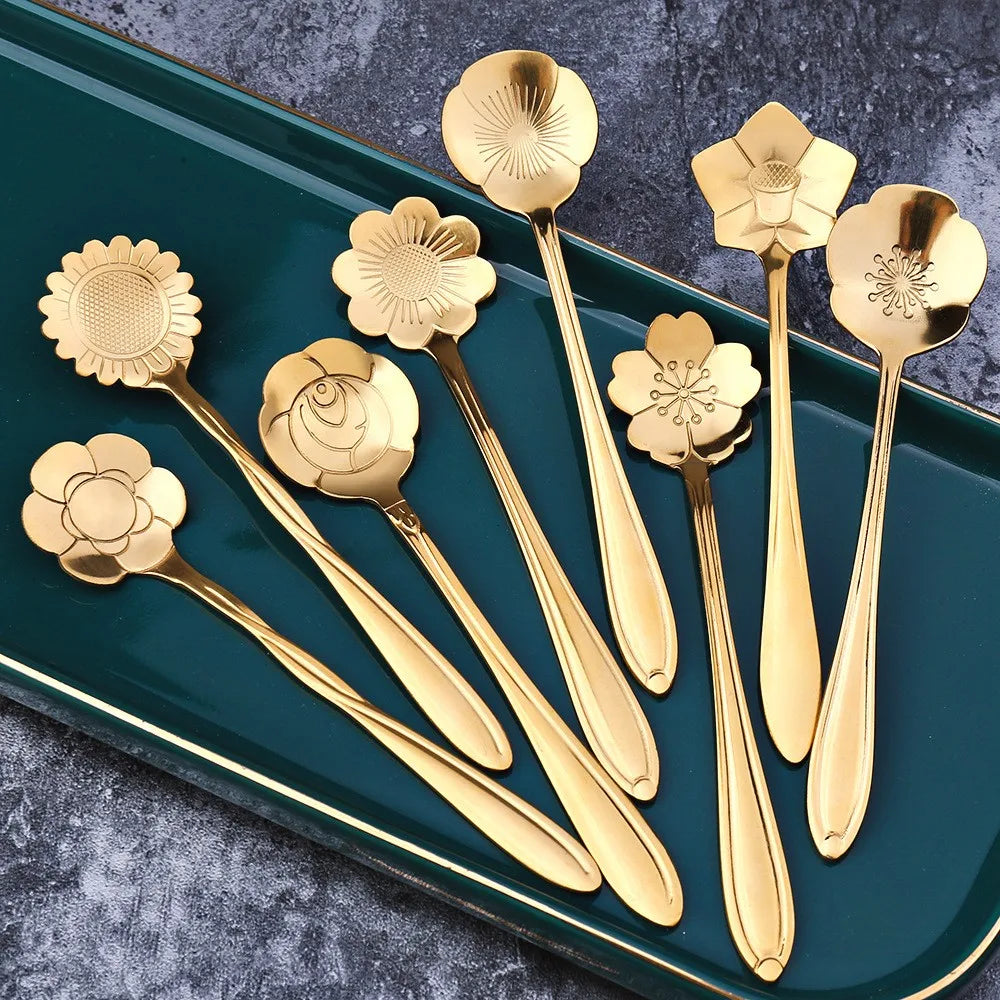 QIAN HU Gold Tiny Coffee Tea Spoon Set 6-Piece Stainless Steel Multifunction Vintage with Swan Stand Gift Set