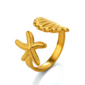 Fashion Stainless Steel Ocean Starfish Shell Cocktail Ring Set 18K Gold Plated Trendy Vacation Style Jewelry for Women Men