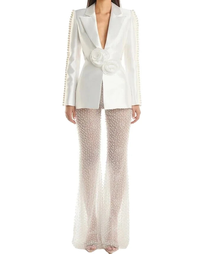 Fashion Elegant White Womens Pant Suit Two Pieces Set for Office Plus Size Beaded Pants Suits Ladies Wear for Party
