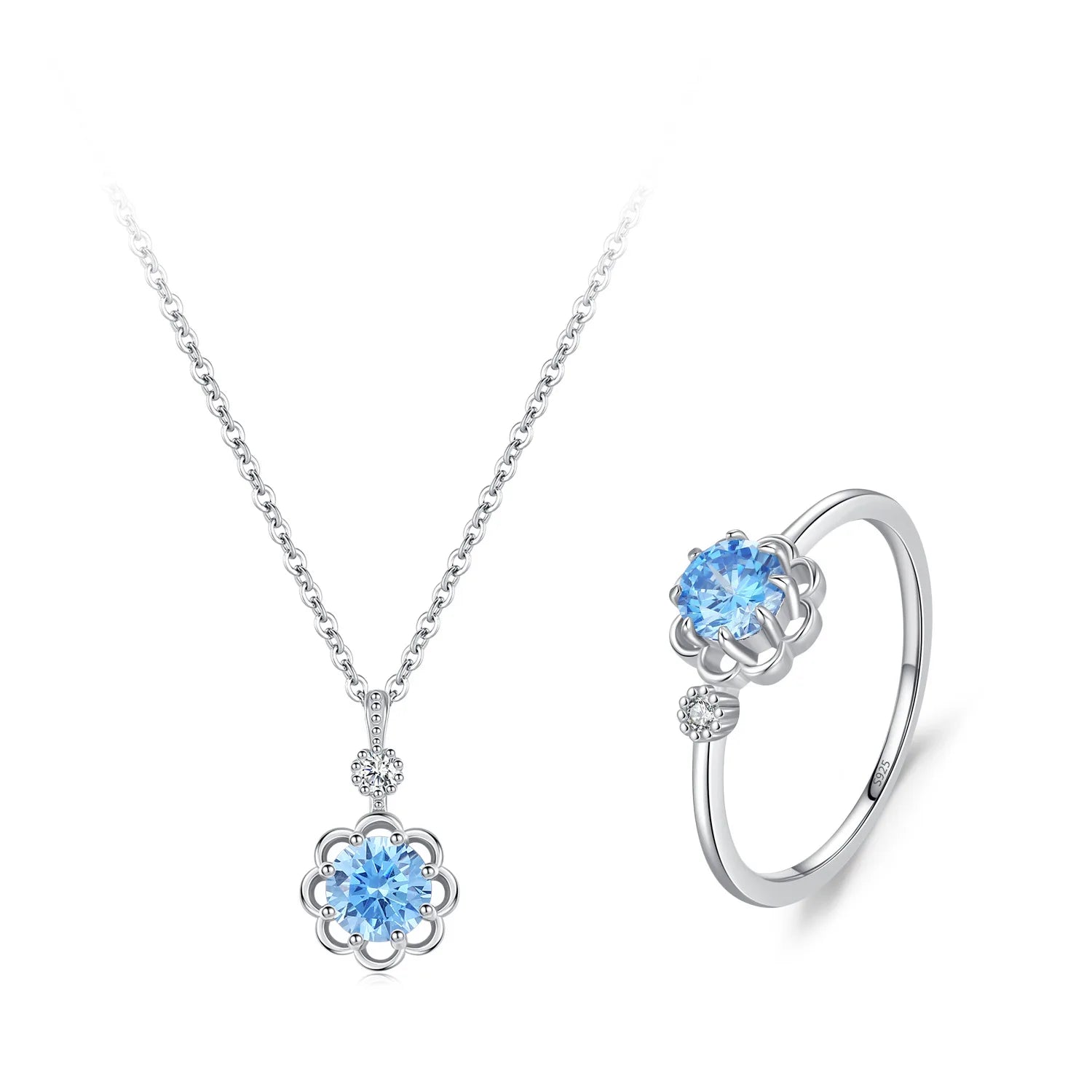 Fashion Fine Jewelry Set 925 Sterling Silver Sea Blue Zircon Flower Ring Necklace 2-Piece Set for Daily Wear Birthday Jewelry