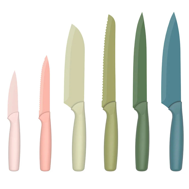 Stellar New 6-Piece Stainless Steel Chef Knife Set with Non-Stick Coating Colorful PP Ambidextrous Handles Modern Design
