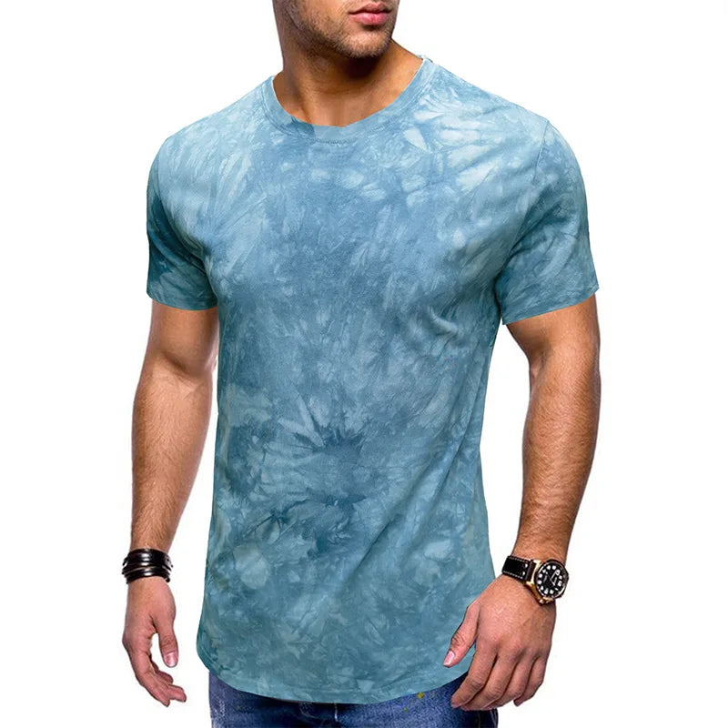 Round Curve Hem Crew Neck 100% Cotton Sports Shirt Men's Tie Dye Gym T Shirts