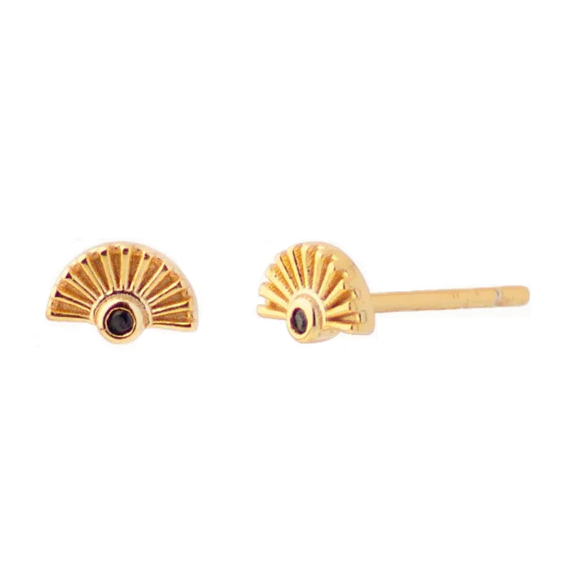Trendy 18k Gold Plated 925 Sterling Silver Fan Shaped Black Stone Stud Earring Jewelry for Gifts