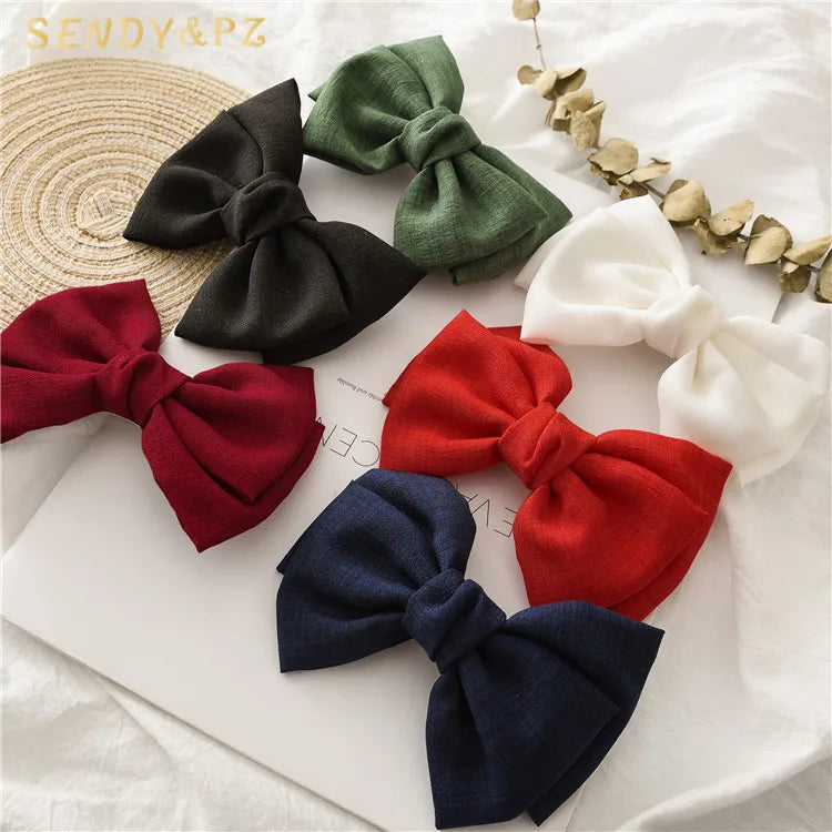 Women's Fashion Metal Hairpins with Fabric Bows Sweet Flax Bowknot Hair Accessories Multi-Color Spring Clips Wholesale for Girls