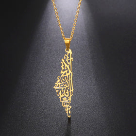 Myshape Stainless Steel Necklace for Women Men Palestine Israel Map Islamic Script Hollow Pendant Necklace Engagement Jewelry