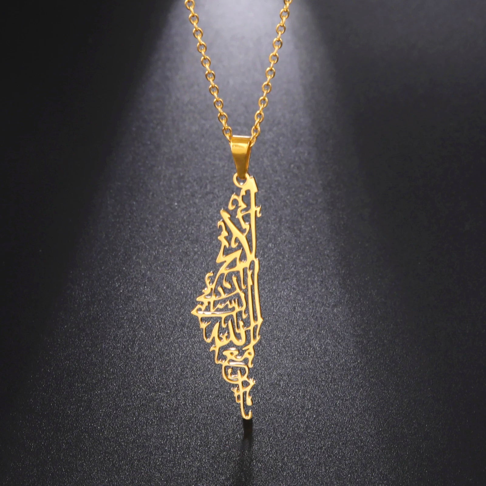 Myshape Stainless Steel Necklace for Women Men Palestine Israel Map Islamic Script Hollow Pendant Necklace Engagement Jewelry