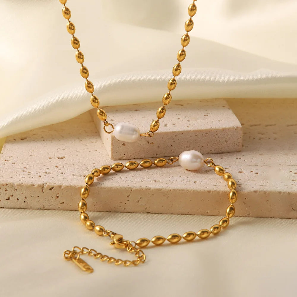 Lateefah OEM Fashion Natural Freshwater Pearl Round Bead Chain Bracelet Necklace