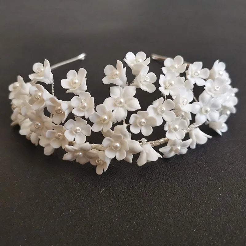 SLBRIDAL Luxury Handmade Rhinestone Crystal Simulated Pearls Ceram Flower Bridal Tiara Headband Wedding Crown Women Hair Jewelry