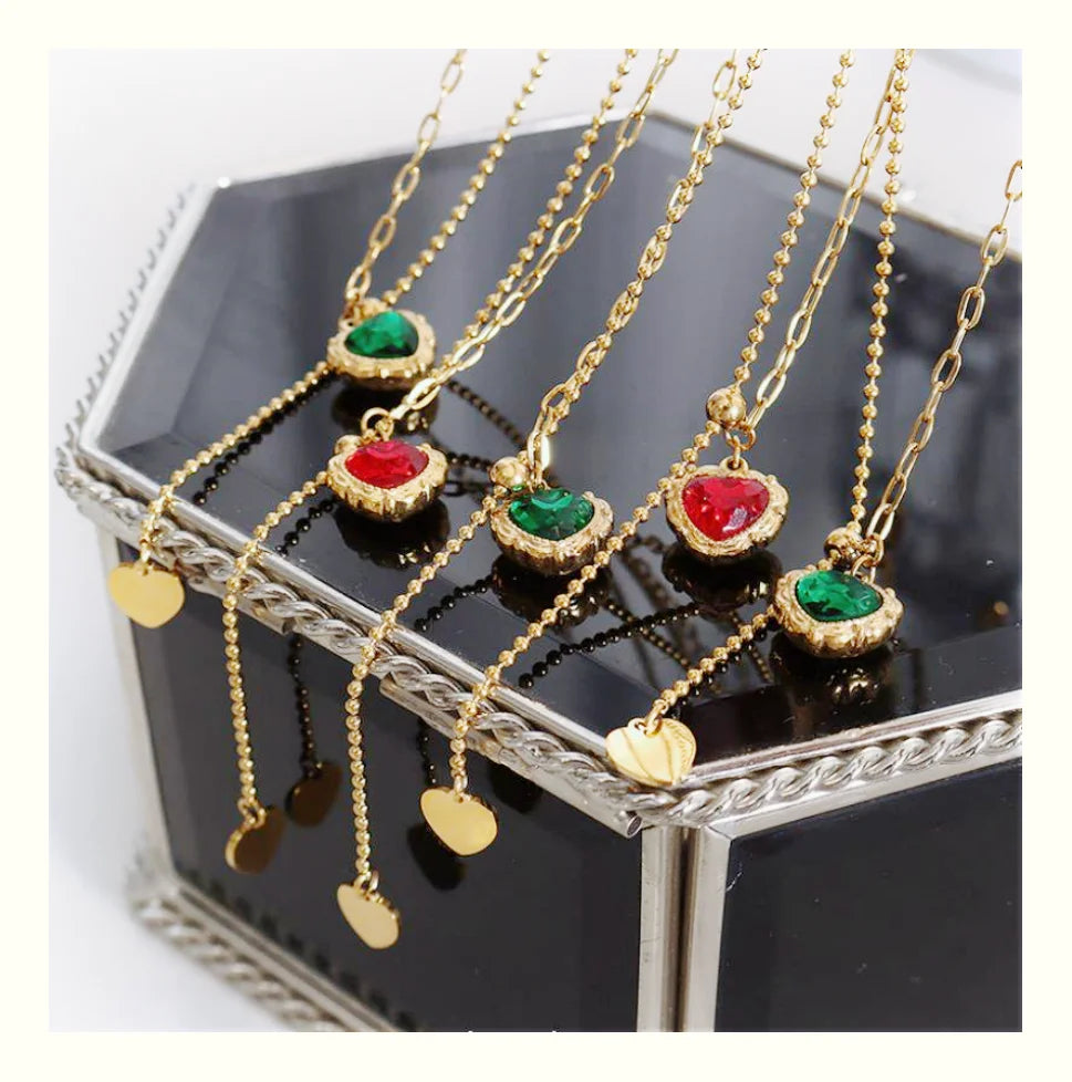 French 18K Gold Plated Bead Chain Heart Tassel Jewelry Stainless Steel Crystal Red Green Heart Pendant Necklace Tassel Length