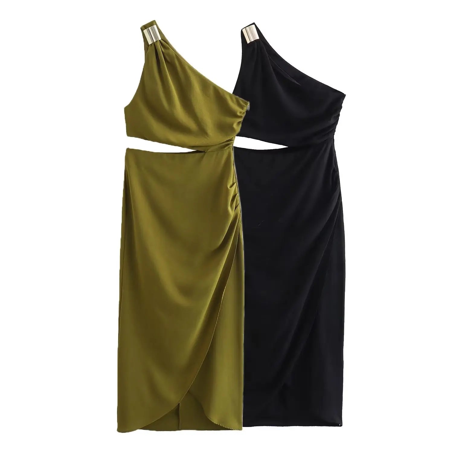 Solid Gold Inlaid Asymmetrical Oblique Shoulder Casual MIDI Women's Dress